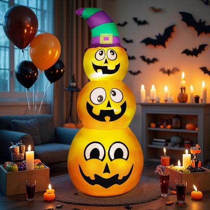 Prsildan Halloween Inflatables Stacked Pumpkins with Witch Hat, 5 Ft Blow up Outdoor Decoration with Build-in LED Lights for Garden Yard Lawn Holiday Party