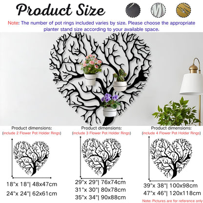OZF Tree of Life Metal Wall Mounted Plant Holder, Tree Heart Wall Hanging Plant Holder, Branch Metal Plants Stand for Living Room (Black, 18"x 18"| 48x47cm, 2 Pack 8" Flower Pot Holder Ring)