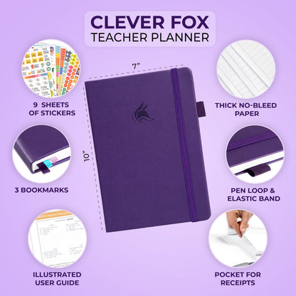 Clever Fox Teacher Planner – School Year Planner with Calendars & Lesson Plans – Teacher Plan Book for Classroom & Homeschool Organization - Undated, 7x10″, Hardcover (Purple)