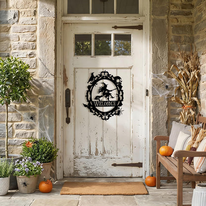 Gothic Witch Welcome Sign, Black Metal Wall Decor with Witch Design,15.63 x 12.6 inch, Indoor Outdoor Decorative Plaque