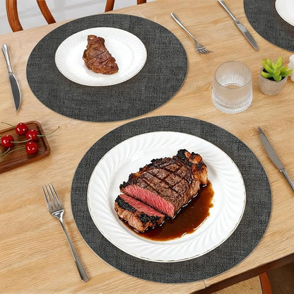 Maxpearl Round Placemats Set of 6, 13.8 inch Faux Leather Heat Resistant Table Mats, Non Slip Waterproof Wipeable Place Mats for Kitchen Dining Holiday Party Table Settings, Black