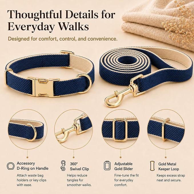 Herringbone Tweed Dog Collar and Leash Set for Medium Dogs, Navy Blue | Snag-free, no-rub design. Soft breathable cotton, gentle on fur. Adjustable durable matching combo for walks & outdoors.