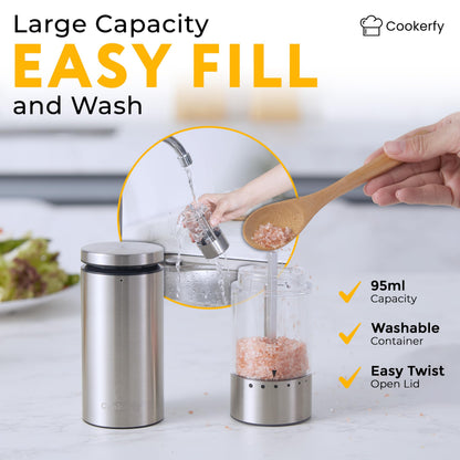 Electric Salt and Pepper Grinder Set Rechargeable Base, Stainless Steel Automatic Electric Salt and Pepper Shakers Set, Led Light, 95ml Capacity Refillable, 6 Coarseness Levels. Kitchen Accessories