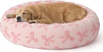 LE SURE Shown on TV Donut Dog Bed Extra Large Size Dog - Round Pet Beds for Calming Puppy with Washable Cover, Orthopedic Modern Beds with Jacquard Shaggy Plush & Anti Slip Bottom, 42 Inch，Pink Taffy