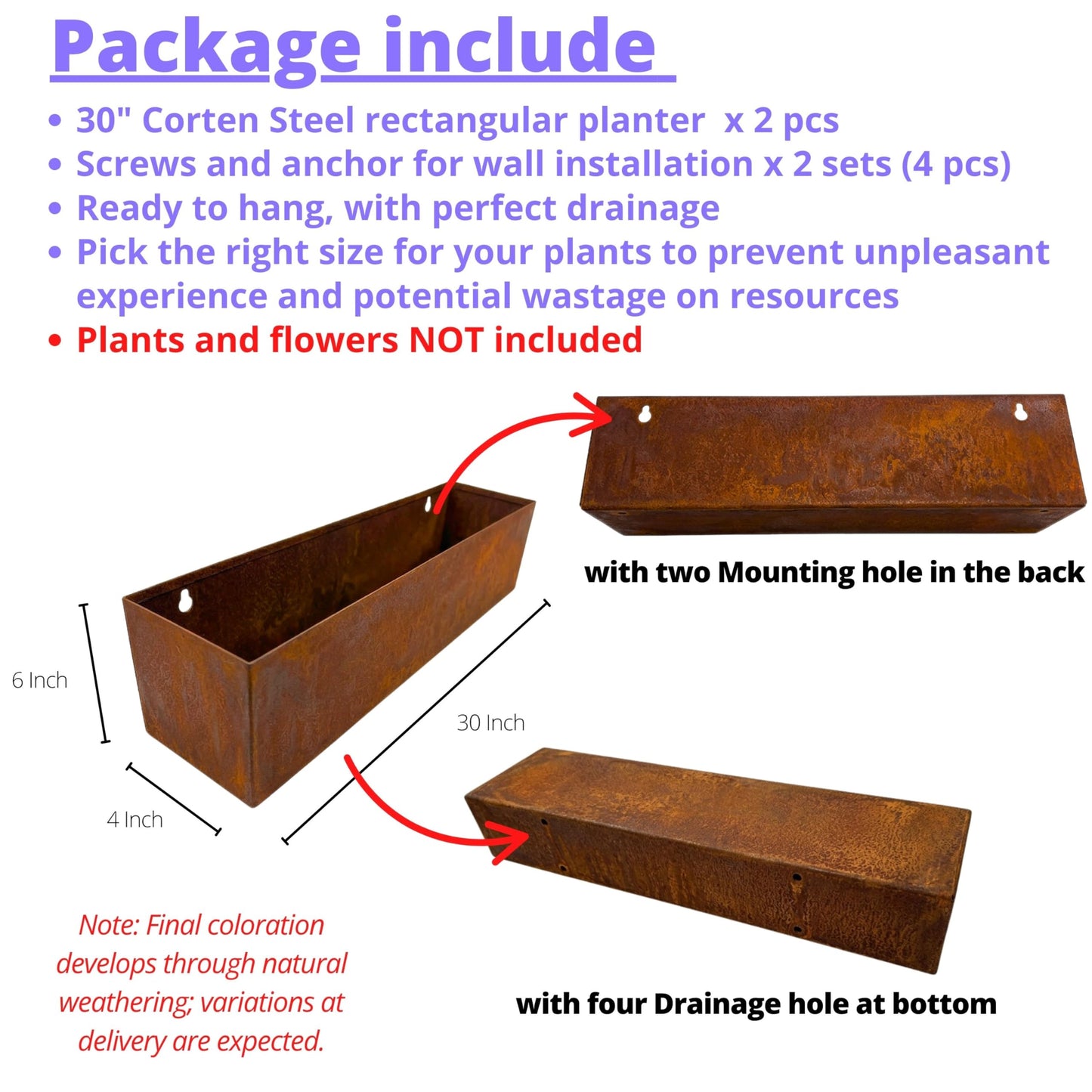 LaLaGreen Outdoor Wall Planters (30 Inch, 2 Pack) Rust Brown Corton Steel Hanging Flower Pots for Succulents, Wall Mounted Plant Holders for Window, Modern Vertical Living Garden Balcony Home Decor