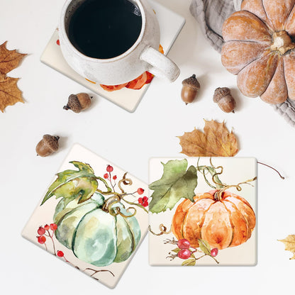 Whaline Fall Thanksgiving Coasters Watercolor Pumpkin Square Drink Coaster Autumn Harvest Absorbent Ceramic Cup Mat for Mugs Cups Home Kitchen Office Party Supplies, 4Pcs