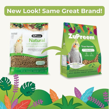 ZuPreem True Harvest Bird Pellets, Daily Bird Food for Cockatiel, Lovebird, Quaker, Small Conure, Lorikeet, Core Nutrition for Medium Birds, Added Vitamins, Cockatiel Pellets (M, 2.5 lbs)