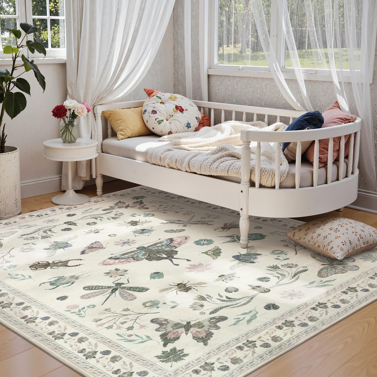 Dadasgk Insect Print Washable Rugs for Living Room, Soft 6x9 Area Rugs for Bedroom, Ultra-Thin Non Slip Nature Area Rug Low Pile Stain Resistant Throw Carpet for Dining Room Office, Beige