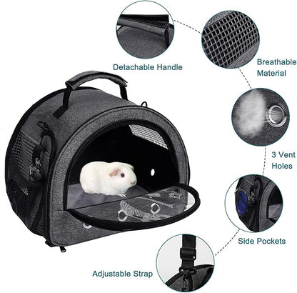 Guinea Pig Carrier, Small Pet Hamster Carrier Bag, Rabbit Bunny Travel Carrier Outdoor Handbag, Breathable Carrier for Small Animals with Water Bottle Holder & Removable Liner (Black)
