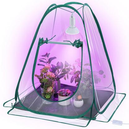 Meonum 1 Pack Mini Greenhouse with 10W 200 LED Grow Light Bulbs for Indoor, 27" x 27" x 30" Pop Up Small Greenhouse Cover with Bottom Waterproof Bottom Mat for Indoor Outdoor Plants Seed Starting