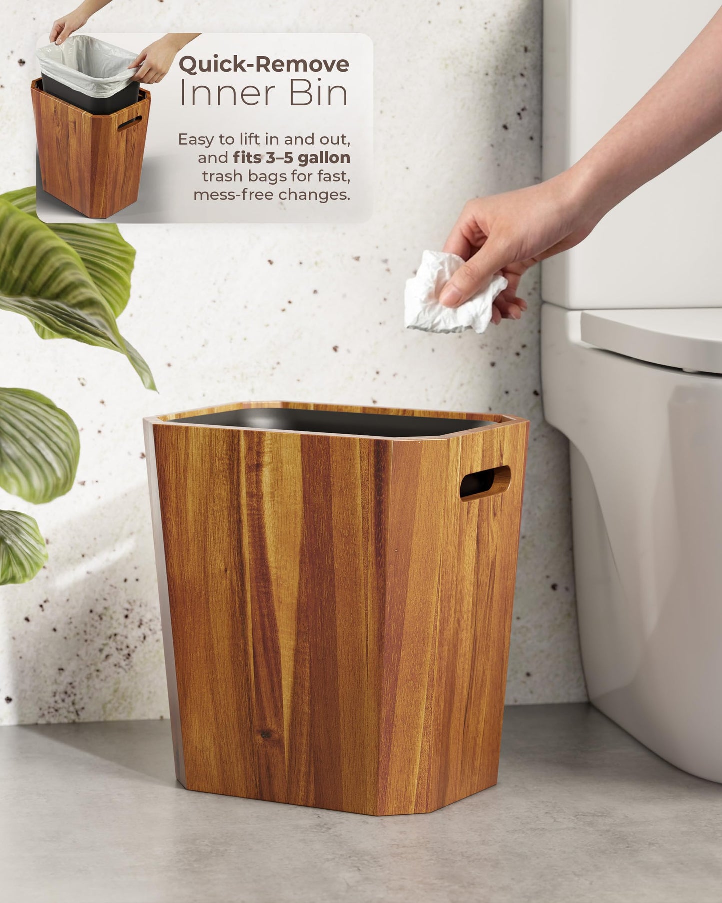 BLUEWEST 2.6 Gallons Acacia Wooden Wastebasket with Lid & PP Liner – Small Trash Can for Bathroom, Bedroom, Office – Decorative Wood Bin with Handle for Under Counter Use