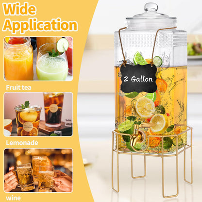 Drink Dispenser,2 Gallon Drink Dispensers for Parties,Beverage Dispenser with Stand,Glass Lid and Stainless Steel Spigot Leak-proof, Ideal for Lemonade,Juice, Tea, and Party Drinks