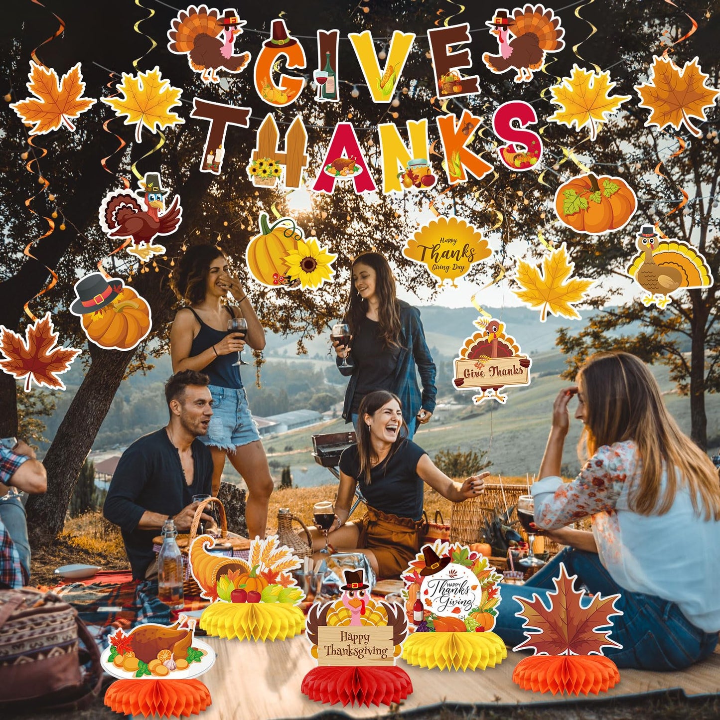 Blosssound 29 Pcs Thanksgiving Party Decorations - Turkey Pumpkin Maple Leaf Honeycomb Centerpieces, Give Thanks Hanging Swirls Banners for Fall Birthday Party Supplies