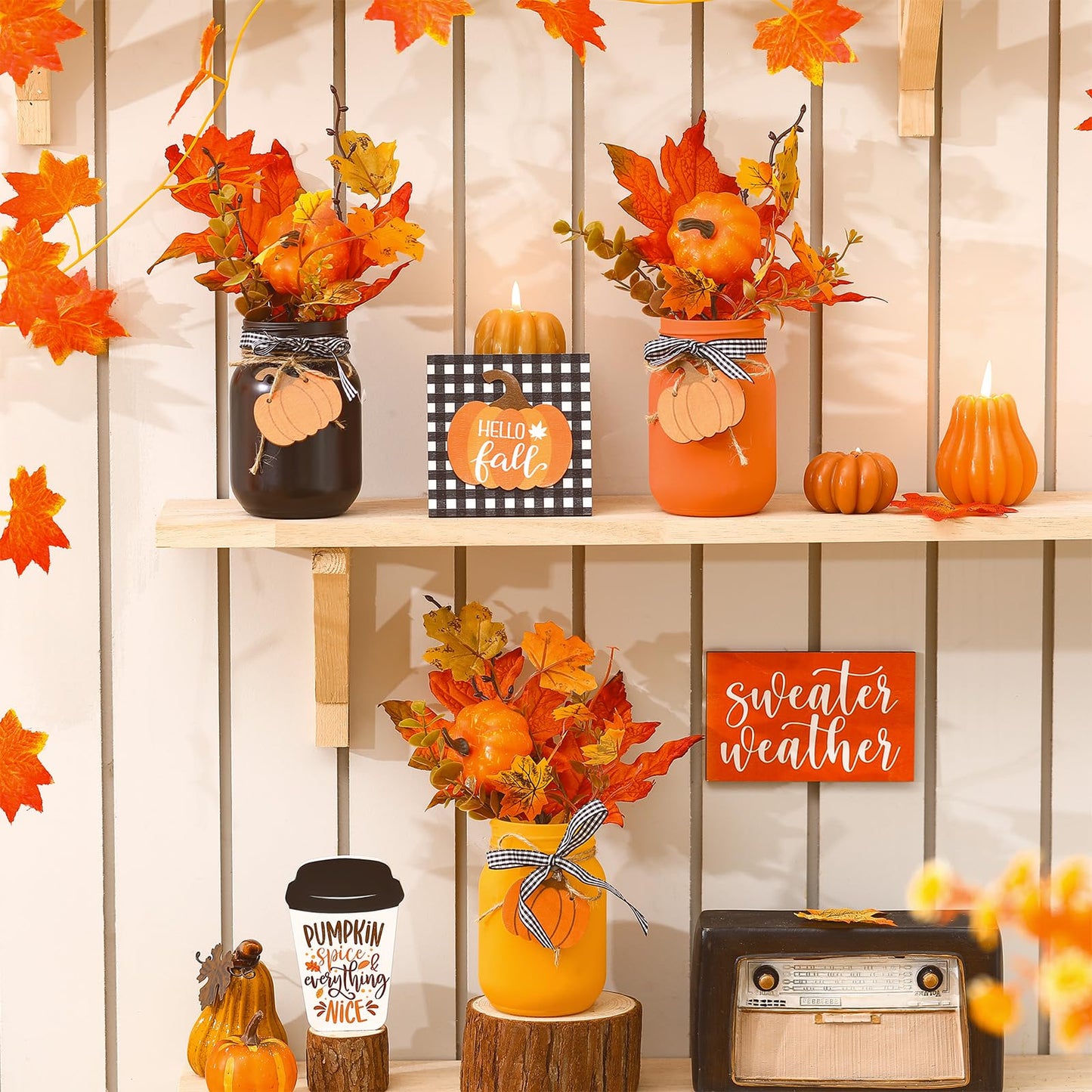 Jexine 18 Pcs Fall Mason Jar Table Centerpiece for Dining Room Mason Jar Vases Faux Floral Maple Leaves Pumpkins with Rope Wood Sign Farmhouse Tray Decor for Fall Wedding Kitchen Living Room
