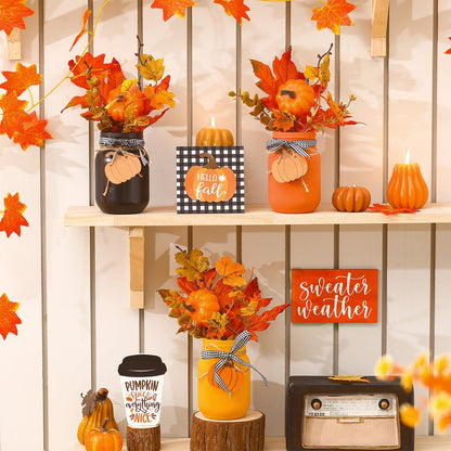 Jexine 18 Pcs Fall Mason Jar Table Centerpiece for Dining Room Mason Jar Vases Faux Floral Maple Leaves Pumpkins with Rope Wood Sign Farmhouse Tray Decor for Fall Wedding Kitchen Living Room