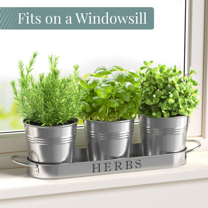 Barnyard Designs Indoor Herb Garden Planter Set with Tray, Metal Windowsill Plant Pots with Drainage for Outdoor or Indoor Plants, Set/3 (Galvanized)