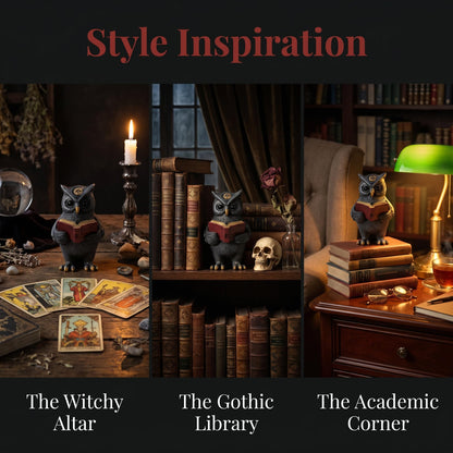 SOREFAFA Black Magic Cute Owl Reading Book Statue (3" L x 5.2" H) - Mystical Resin Figurine for Witchy Gothic Room & Dark Academia Bookshelf Decor - Gifts for Book Lovers, Wiccans, Halloween
