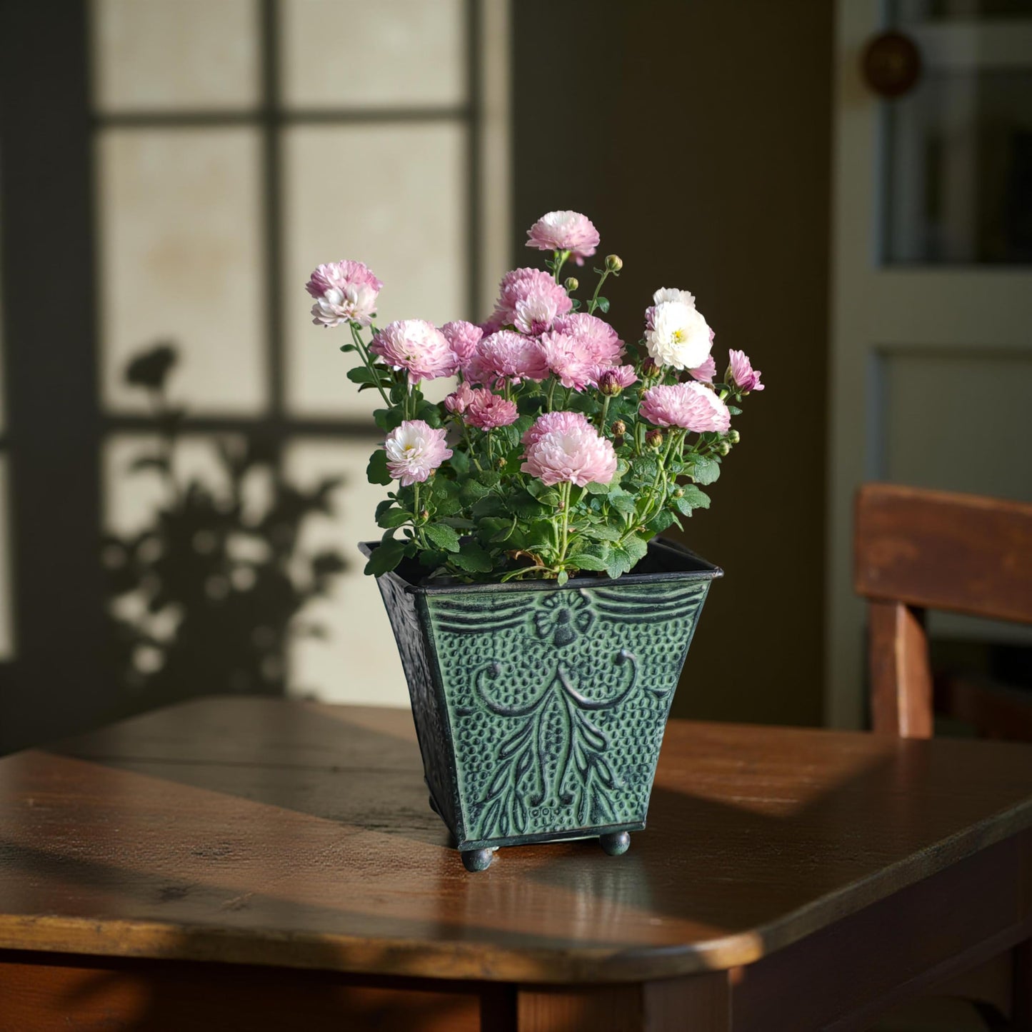 Hosley Set of 4 Green Patina Embossed Metal Planters with Ornate Floral Design, 5.25" L x 5.25" W x 5" H – Ideal for Floral Arrangements, Home Décor, Garden Accents, Rustic Weddings.