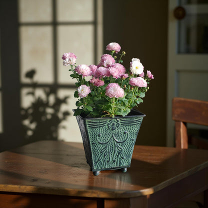 Hosley Set of 4 Green Patina Embossed Metal Planters with Ornate Floral Design, 5.25" L x 5.25" W x 5" H – Ideal for Floral Arrangements, Home Décor, Garden Accents, Rustic Weddings.