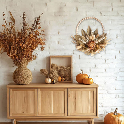 18 Inches idyllic Wood Bead Palm Leaves Wreaths for Front Door, Farmhouse Fall Harvest Thanksgiving Wreath, Fall Wall Kitchen Cabinet Decorations, Lantana