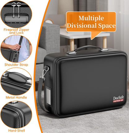 DocSafe Fireproof Document Box with Lock, Hard Case File Organizer with Accordion File Folder, Fireproof Water Resistant Safe Box Home Office Travel Storage for Important Documents Laptop Black