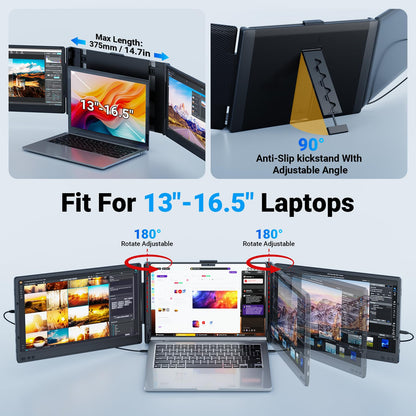Ygretyrjh Laptop Screen Extender, 14" Triple Portable Monitor for Laptop, 1080P FHD IPS Screen Extender Monitors for 13"-17", Travel Monitor for Mac/Windows/Chrome, Built-in Speakers