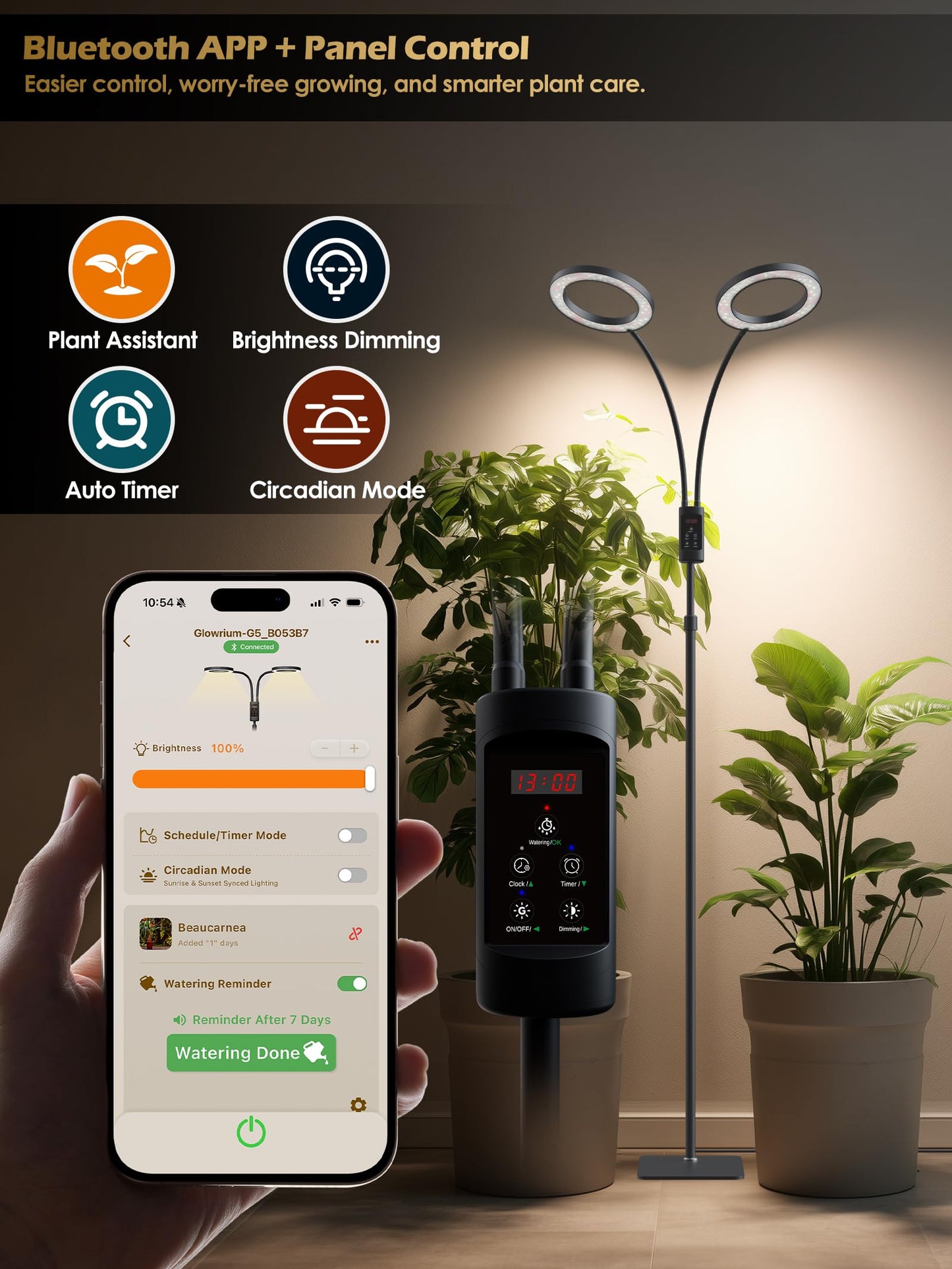 Smart Grow Lights for Indoor Plants, Plant Light with Auto-Timer, Full Spectrum LED Grow Light, Adjustable Height & Stepless Dimming,Plant Assistant Suitable for Most Plants (Black, Dual Heads)