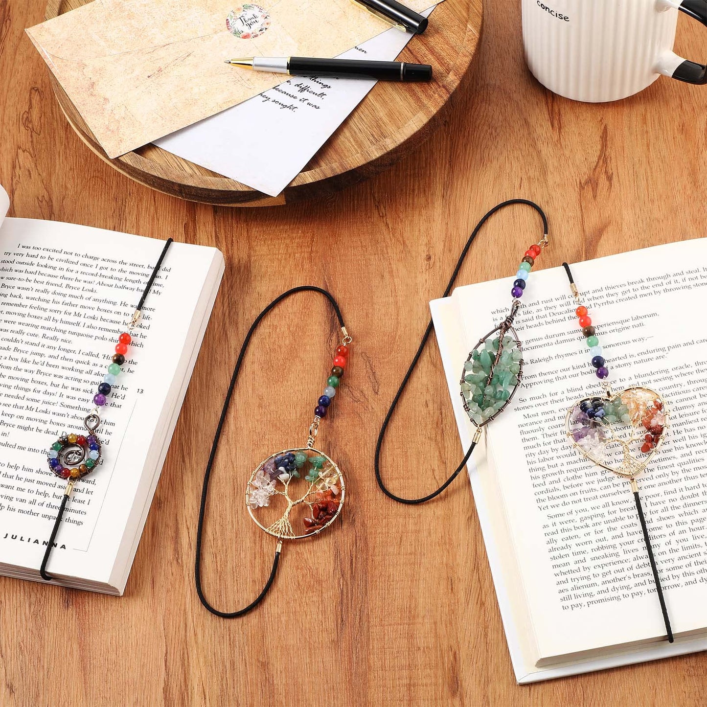 Sabary 4 Pieces Crystal Bookmarks for Book Lovers Tree Elastic Bookmark for Women Handmade Antique Beading 7 Chakra Crystals Tree Shape for Office Teacher Student Reading Birthday Gifts