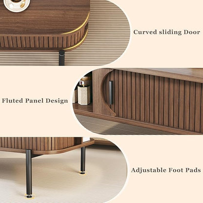 Coffee Table, 39.4" Mid Century Modern Coffee Tables for Living Room, Coffee Table with Storage Open Shelf, Fluted Table with Sliding Cabinet Door, 2-Tier Rustic Wood Desktop, Walnut