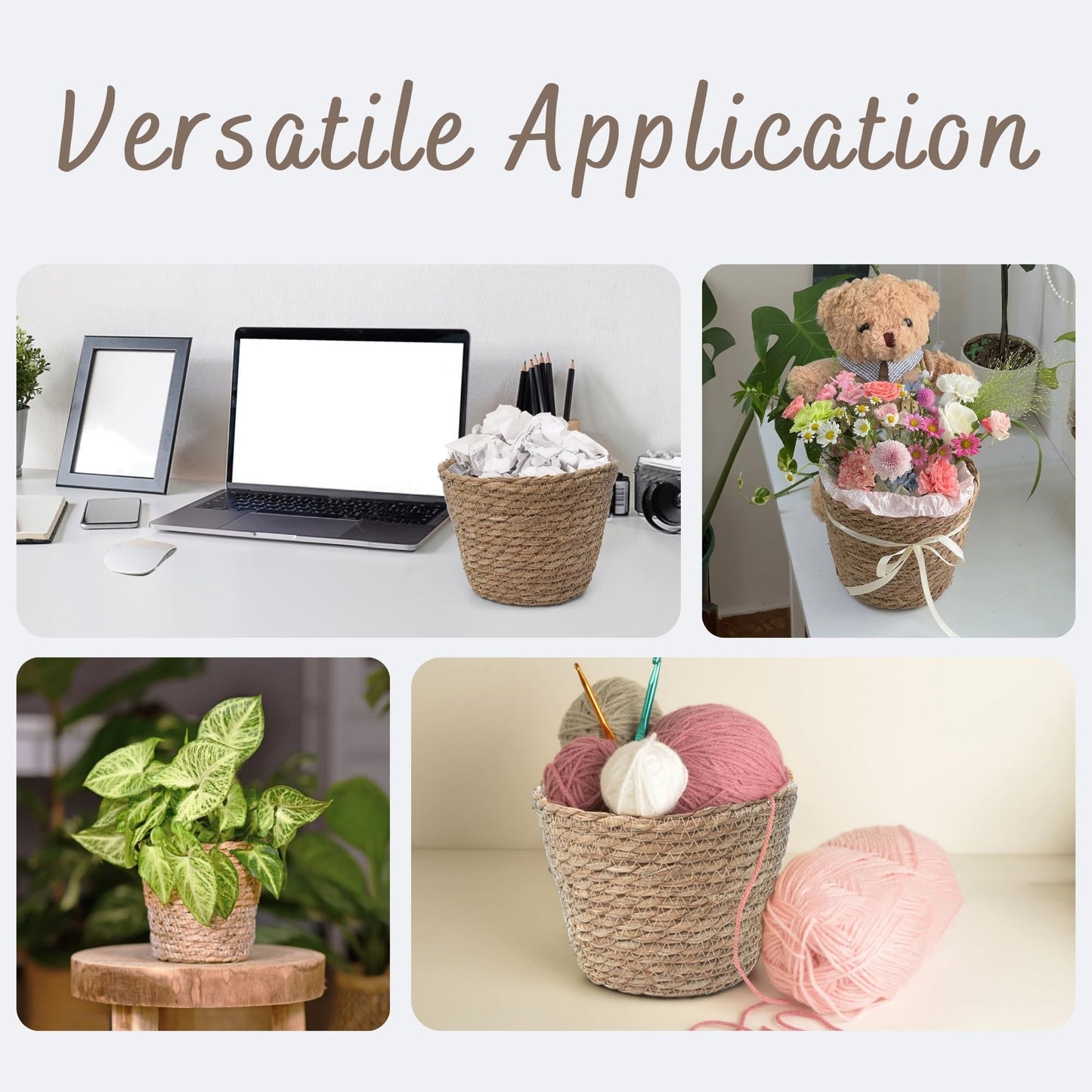 Small Basket Planter 7.1" x 5.9" Seagrass Containers, Hand Woven Wicker Cover Storage, Stylish Plastic Liners Straw Flower Jute Pots for Outdoor Indoor Use Mums Front Porch Room Decoration