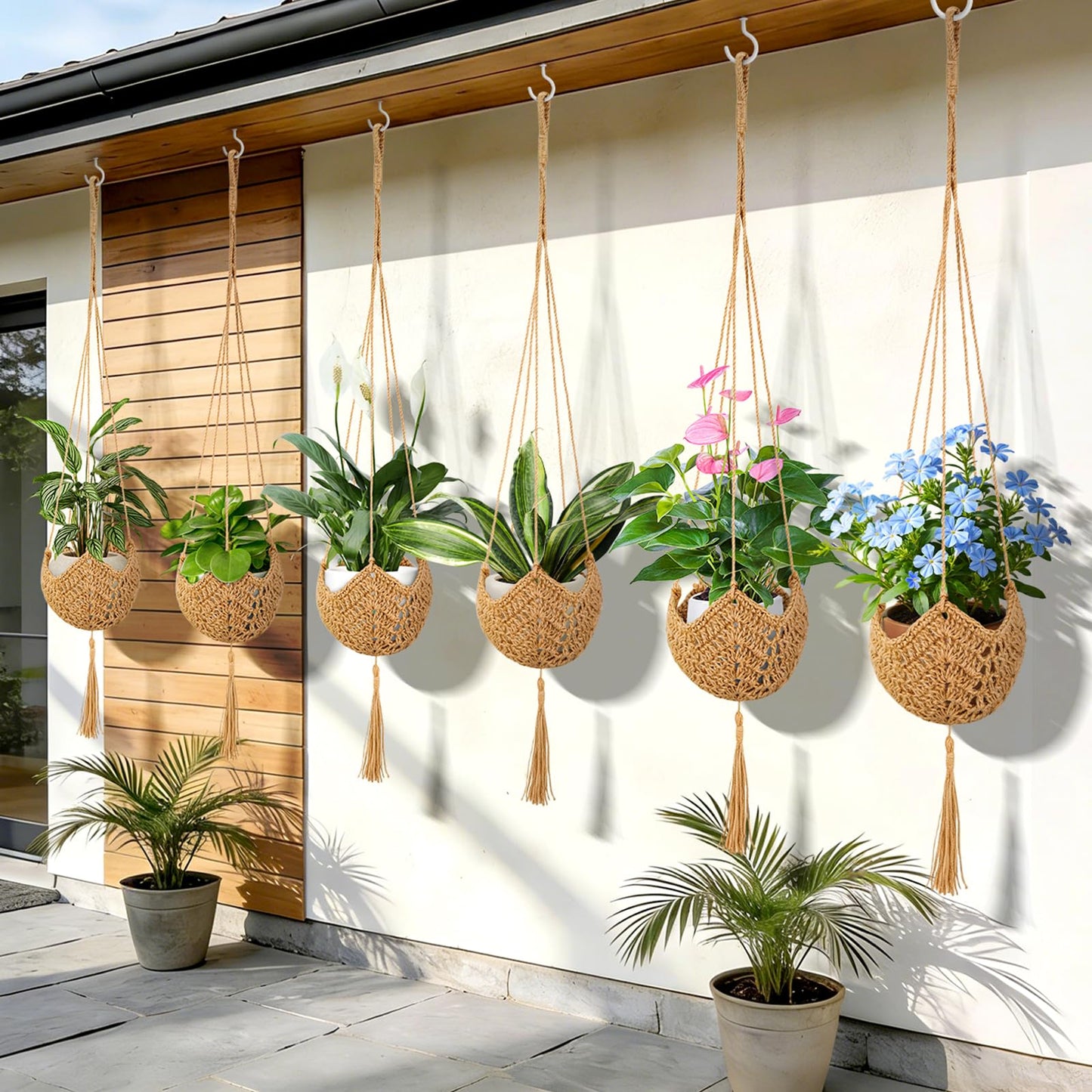 VZZNN 6 Pack Hand-Woven Macrame Plant Hanger - Hanging Plant Holder with 12 Hooks for Indoor Green Plant Hanging and Bohemian Style Home Decor (Brown)