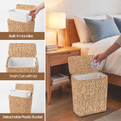 Felthritn Wicker Trash Can,3 Gallon Bathroom Trash Can with Lid,Handwoven Water Hyacinth Rattan Waste Basket with Removable Liner and Built-in Handles for Bedroom,Toilet,Narrow Spaces