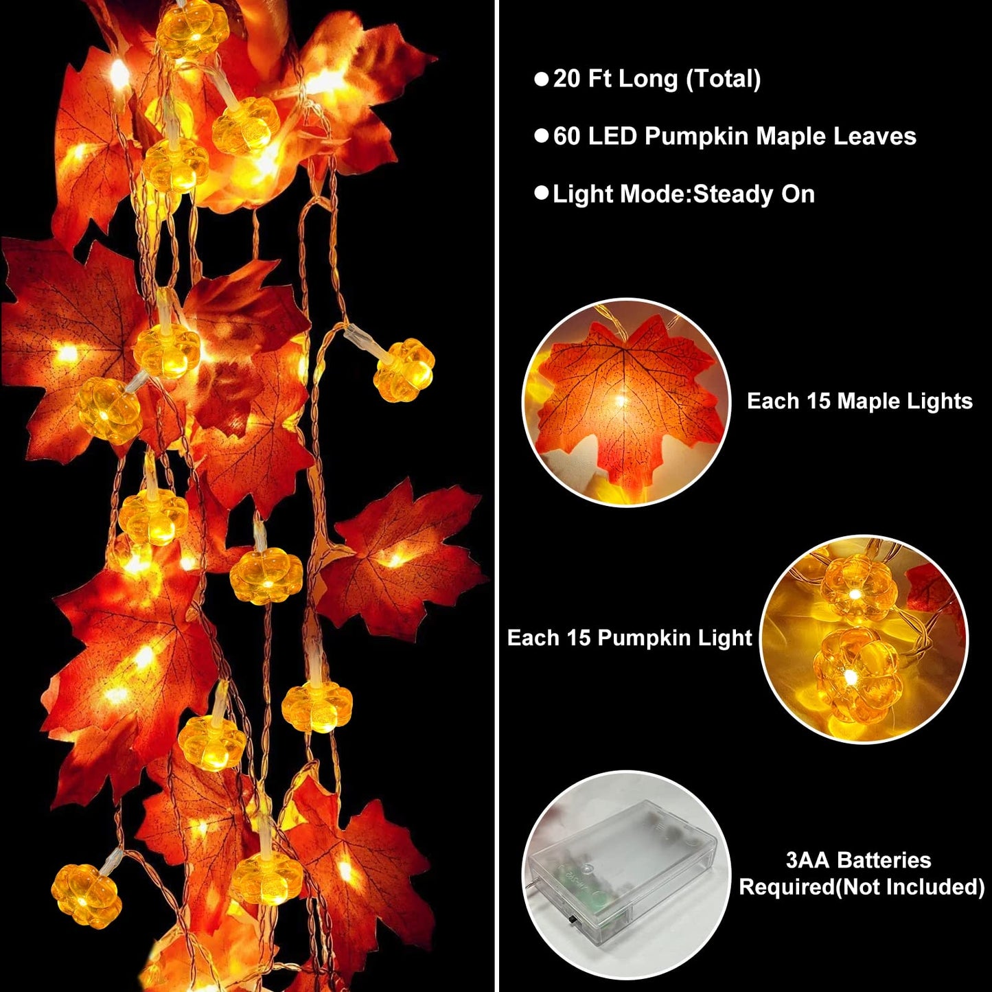 2 Pack & Timer - Fall Garland with Pumpkin Lights Fall Decorations for Home Total 60LED 20Ft Enlarged Maples Leaves Fall Lights Battery Operated Halloween Thanksgiving Christmas Decor Wedding Party