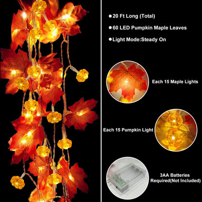 2 Pack & Timer - Fall Garland with Pumpkin Lights Fall Decorations for Home Total 60LED 20Ft Enlarged Maples Leaves Fall Lights Battery Operated Halloween Thanksgiving Christmas Decor Wedding Party