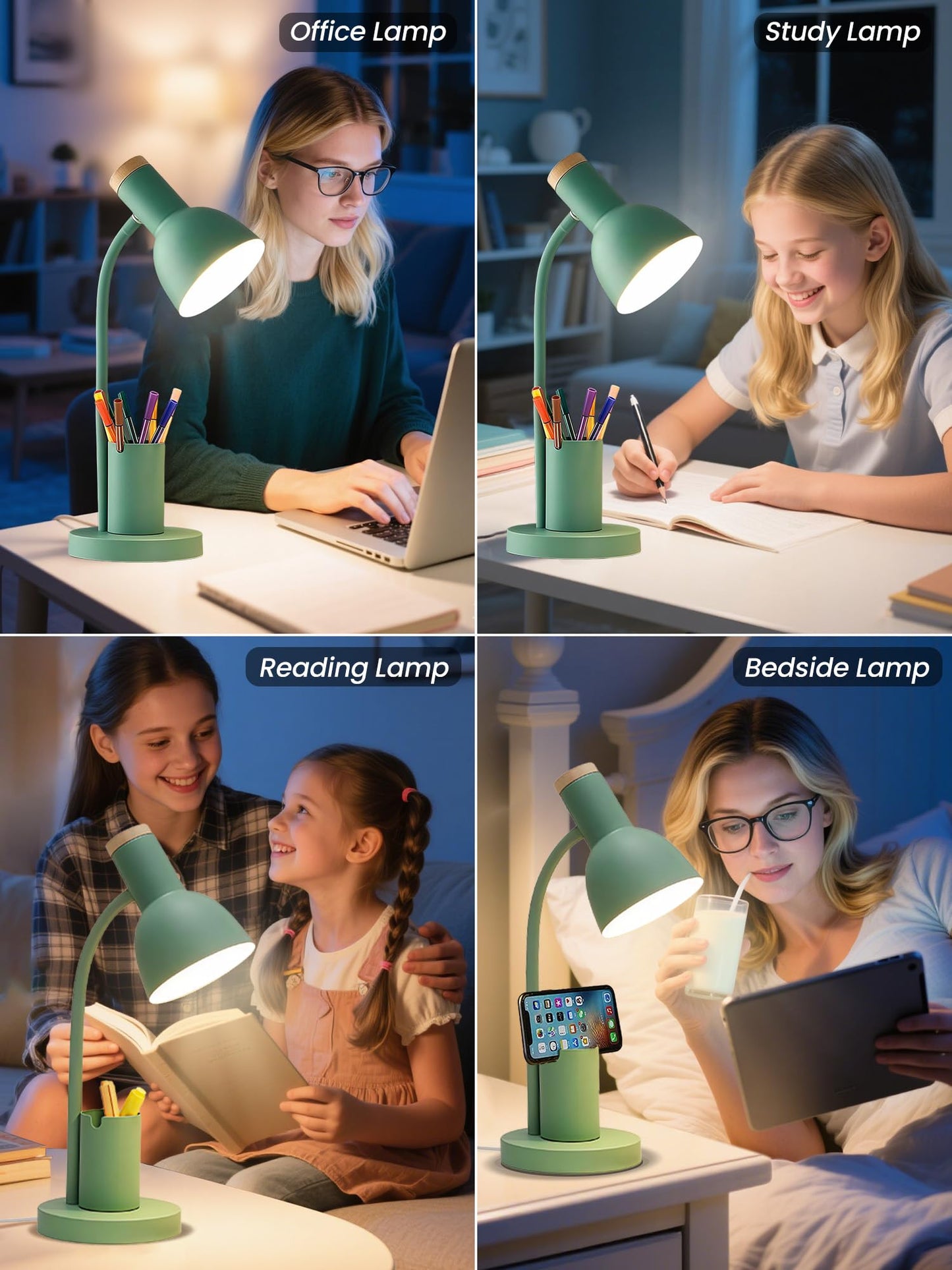 DSYHYL LED Desk Lamp for Home Office, Table Lamp with Pen Holder, 3 Color Modes Reading Light, Eye-Caring Desk Light with Gooseneck, Metal Study Lamp for Dorm Bedside Bedroom (Green Lamp)