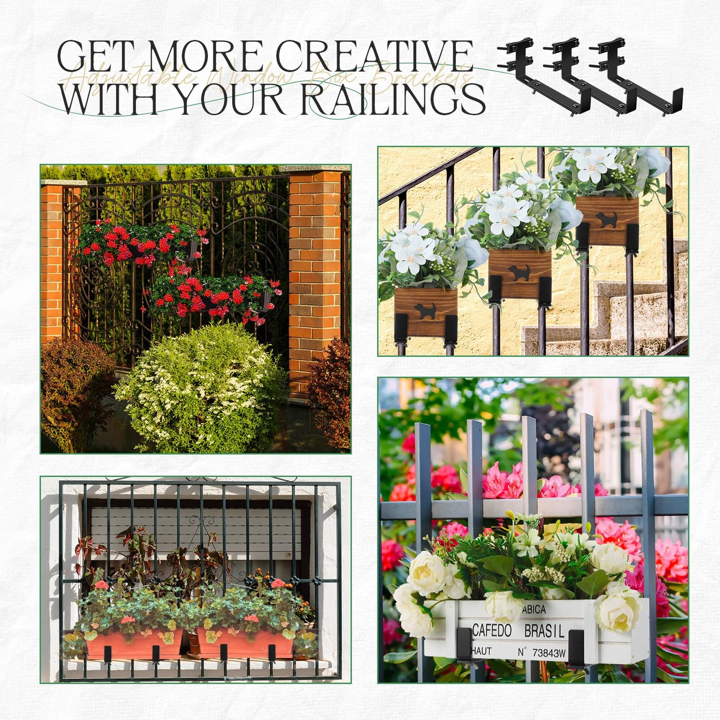 MorningRo 6 Pcs Window Box Brackets, Adjustable Heavy Duty Deck Railing Planter Box Brackets, Outdoor Flower Holder for Patio Garden Fence Balcony