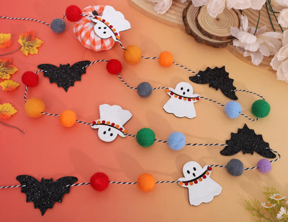 Felt Bat Ghost Garland - Spooky Halloween Party Decorations,Spooky Banner with Colorful Felt Balls,Halloween Wall Mantel Hanging Garland,Black Bat White Ghost Photo Backdrop