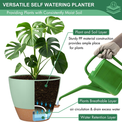 montresor Set of 2-10 Inch Hanging Planters and 5 Pack Green 5/5.5/6/6.5/7 Inch Self-Watering Pots Set