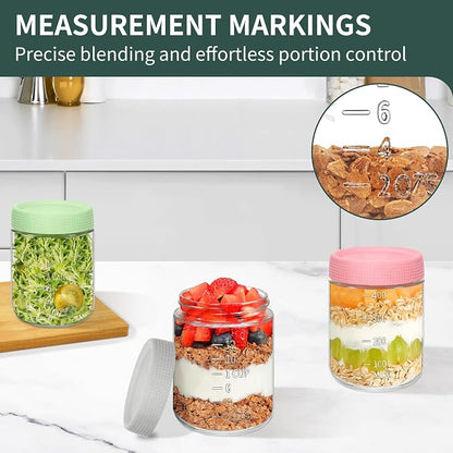 Xyptorix 6-Pack 16oz Overnight Oats Containers with Airtight Lids - Glass Mason Jars with Measurement Marks for Yogurt, Meal Prep & Chia Pudding, Stackable & Leakproof
