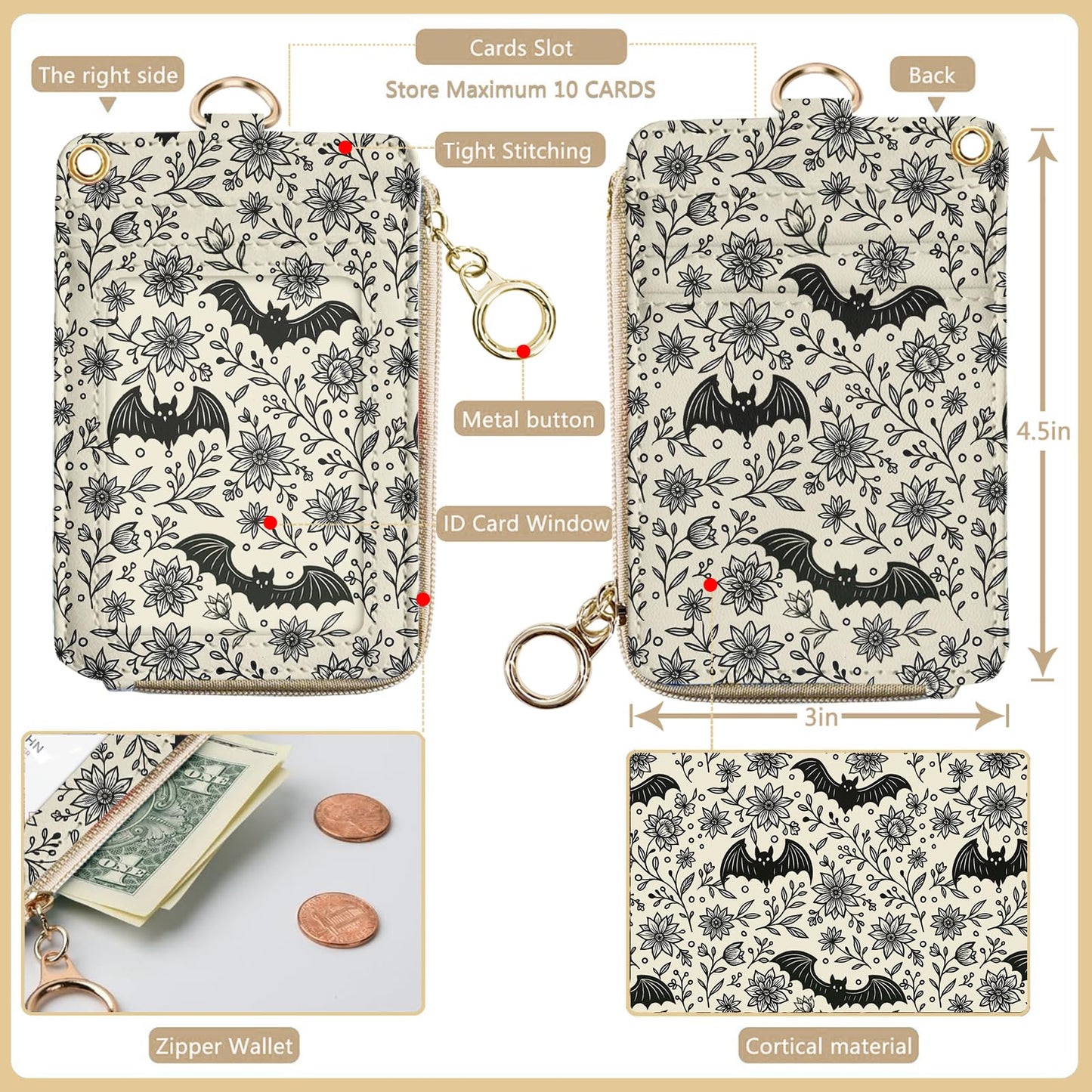 bolimoss Bat Lanyard Wallet Badge Holder PU Leather RFID Keychain Wallet with Breakaway Neck Wristlet Lanyard Zipper Pocket, Slim Credit Card Holder with Key Ring Phone Holder for Teacher Nurse Women