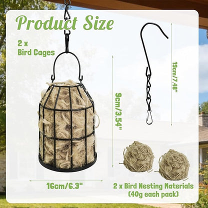Bird Nesting Material Holders, 2 Pack Refillable Hummingbird Nest Cages Sets with Natural Mixing Cotton Material for Wild Birds, Outdoor Indoor Patio Garden Hanging Decor for Bird Lovers