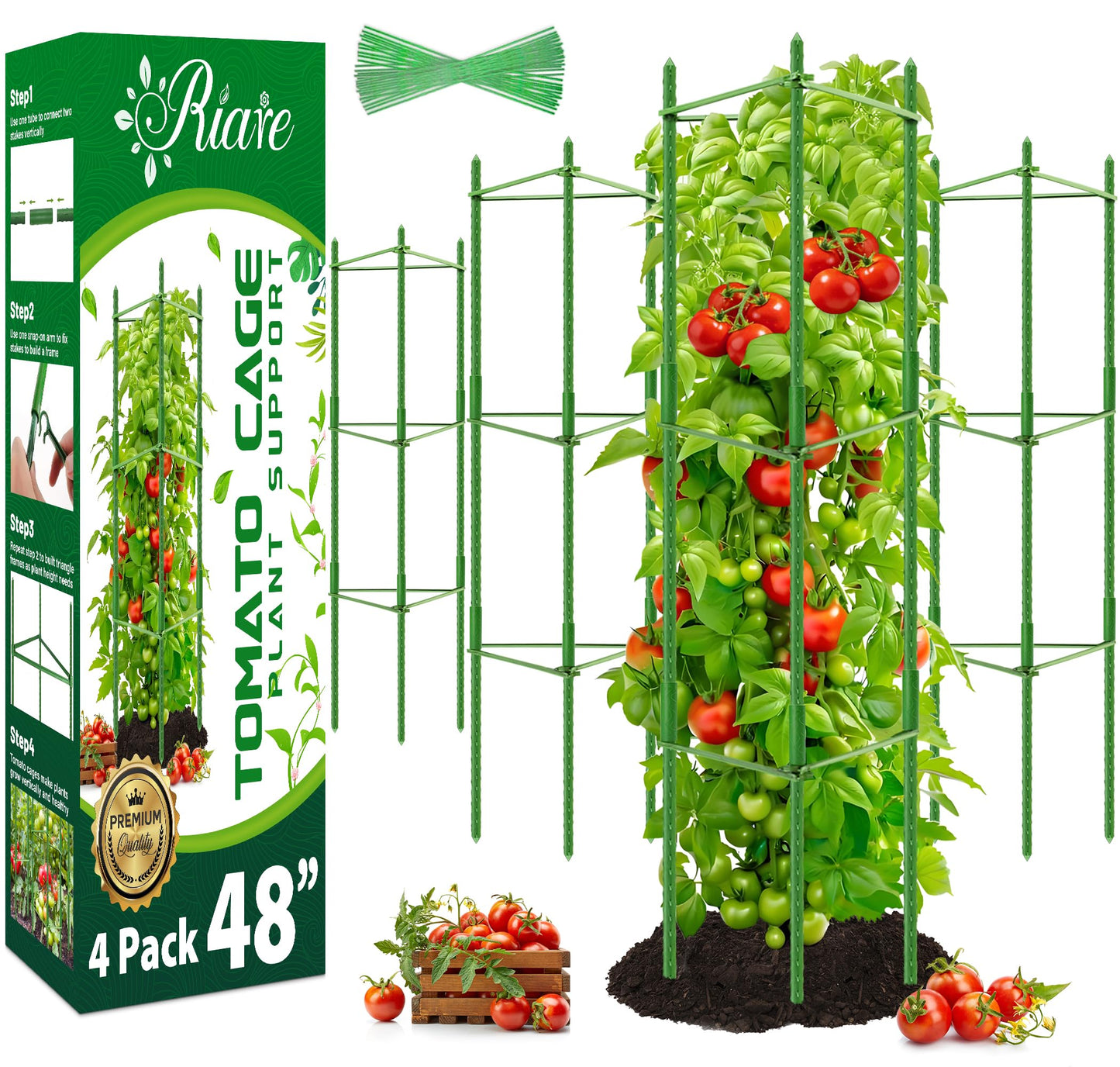 Riare 4 Pack 4 FT Tomato Cages for Garden- 48inches Heavy Duty Tomato Stakes and Supports, Adjustable Tall Tomato Plant Support Trellis for Pots, Raised Garden Bed, Climbing Vegetables Plants