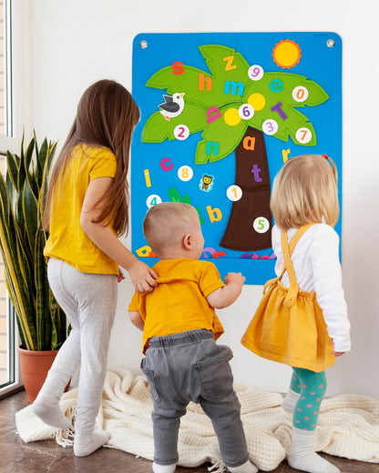 CHEFAN Felt Letter and Number Tree, Coconut Tree Alphabet Game, Felt Story Board Set for Early Education Storytelling, Flannel Board for Wall Teaching Home Classroom Play