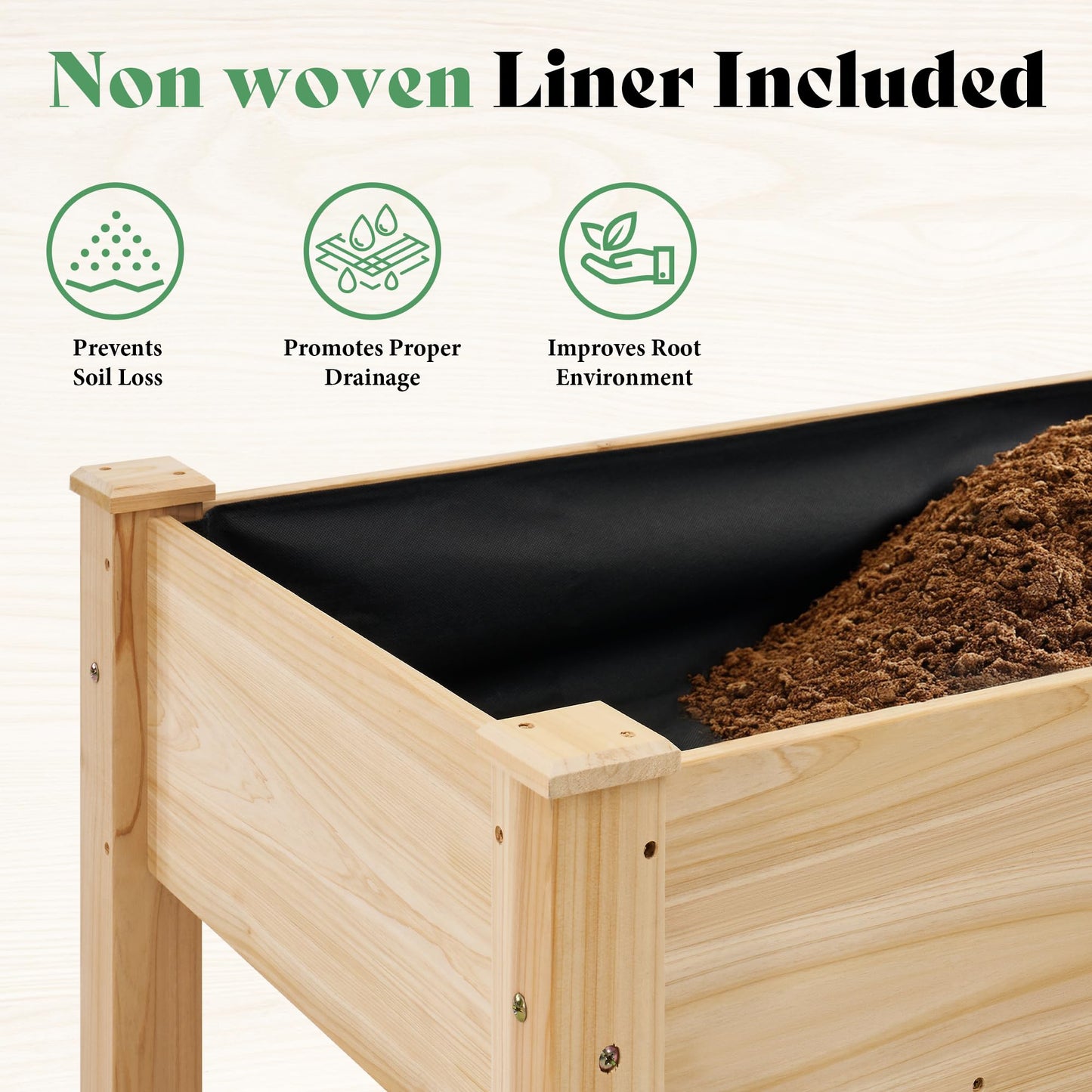 AMERLIFE Raised Garden Bed, 48x30x24 Inches Elevated Wood Planter Box with Bed Liner, Legs, Divider, Drainage Holes, Stand for Backyard, Patio, 200 Lb Capacity - Light Wood