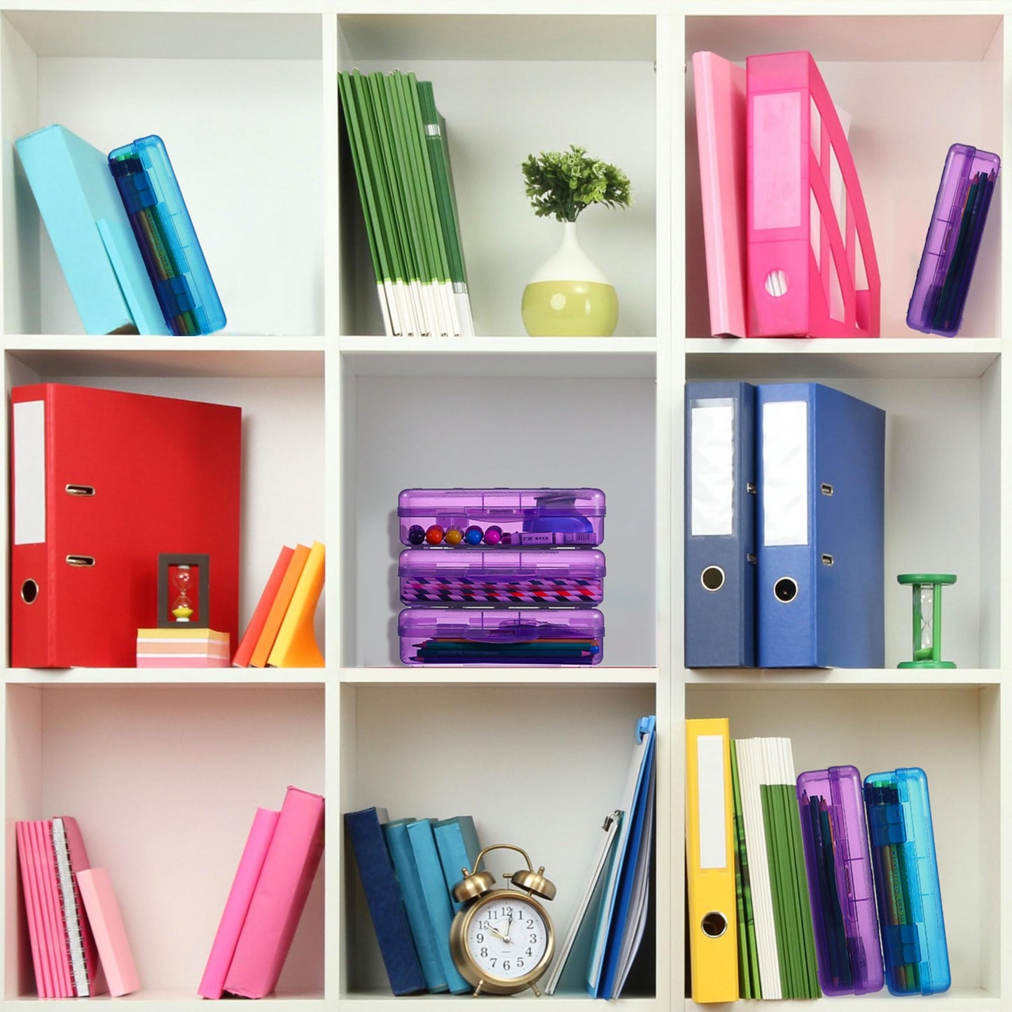 Fainne 24 Pack Pencil Boxes for School Clear Plastic Pencil Case Large Plastic Crayon Box Bulk Stackable Classroom Stationery Organizer School Supplies(Blue, Purple)