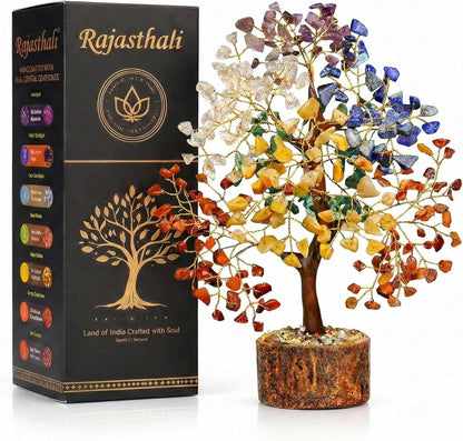 Rajasthali 7 Chakra Crystal Tree for Home Decor | Handcrafted Gemstone Bonsai Tree for Positive Energy, Vastu & Gifting | Wooden Base (Multi Seven Chakra)
