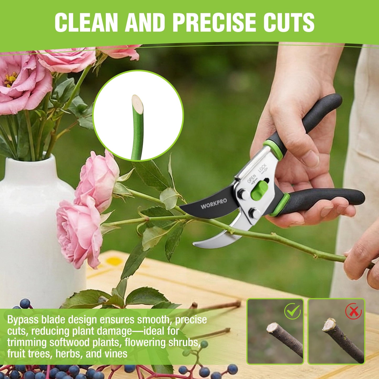 WORKPRO Bypass Pruning Shears, 8.5" Hand Pruner with Non-Slip Grip Handle, Garden Clippers with High Carbon Steel for Branches, Flowers, Fruits, Plants, Bonsai, Gardening Gifts for Women Men