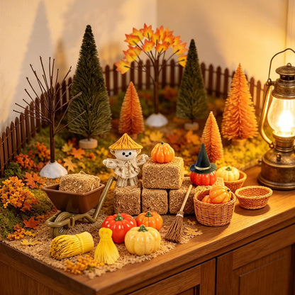 33 PCS Mini Fall Figurines Thanksgiving Resin Figurines Autumn Tiny Resin Farm Miniature Include Trees Pumpkins Scarecrow Wheelbarrow Ears of Wheat Basket Fence for Harvest Home Table Decorations