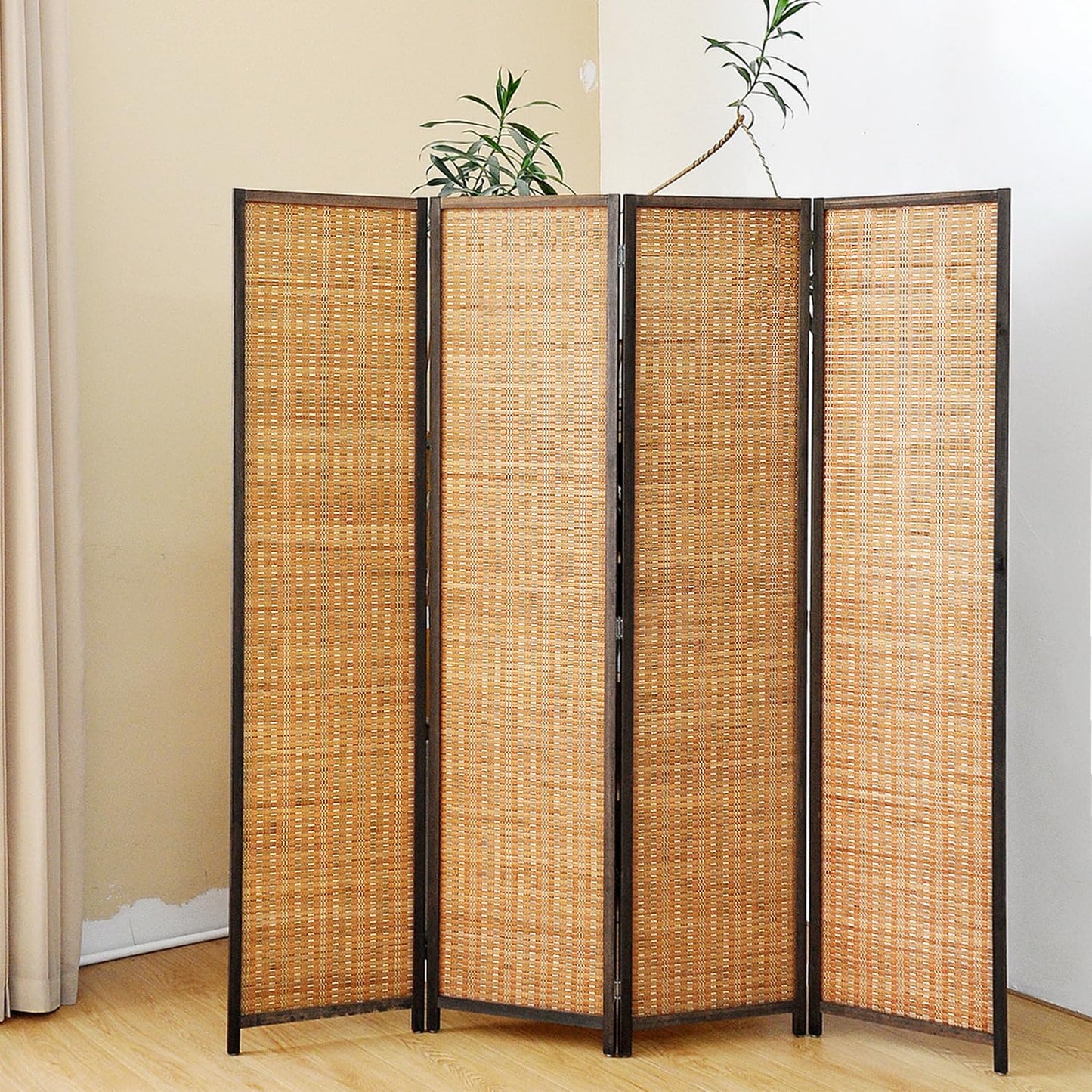 Pawlabay 4 Panel Bamboo Room Divider Screen,5.6 FT Tall Bamboo Divider Folding Panel Screen,Freestanding Panel Divider for Room Seperation,Brown