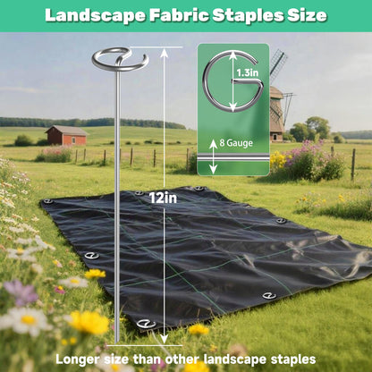 12 Inch 8 Gauge Circle Top Landscape Fabric Staples, HKKZYT 50 Pcs Galvanized Landscape Fabric Pins, Gardening Essentials Garden Weed Barrier Stakes Sod Staples for Outdoor
